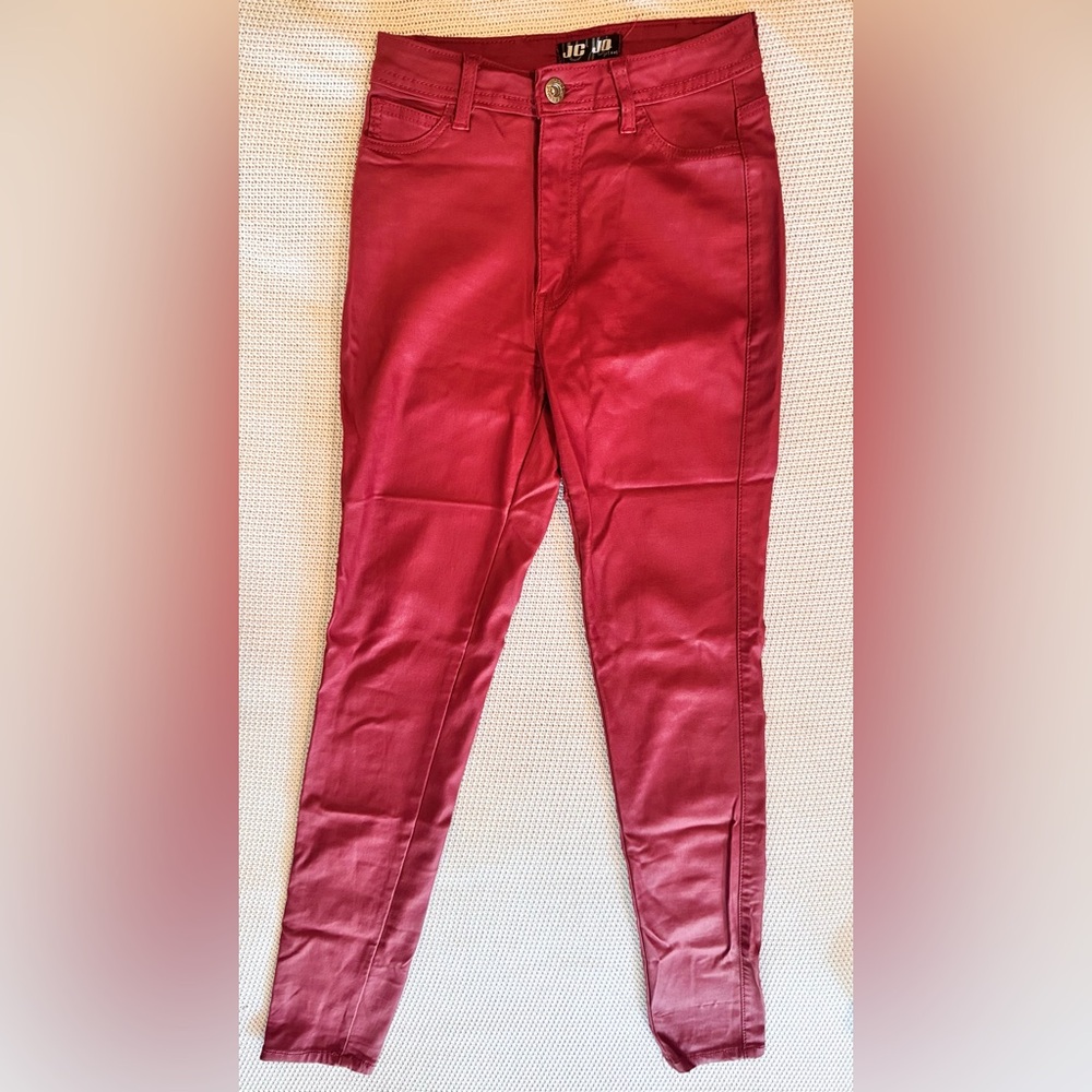 JC & JQ High Waist Faux Leather Stretch Skinny Jeans Burgundy Red Skinny Pants - Picture 4 of 9